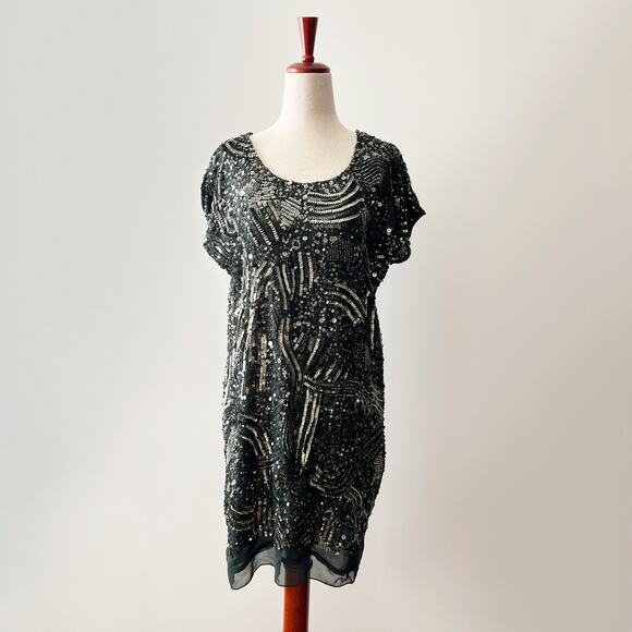 Gold Hawk Sequin Beaded Shift Dress Green Size XS - Picture 2 of 8